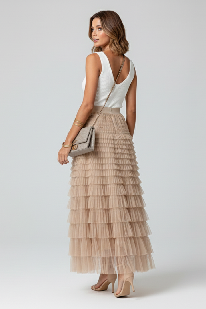 Women's Layered Midi Skirt Outfit for Work Brunch Parties Holidays and Everyday Wear