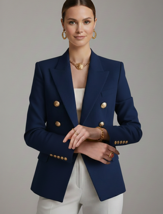 Women's Double-Breasted Blazer Tailored Fit Gold-Tone Buttons Stylish Office