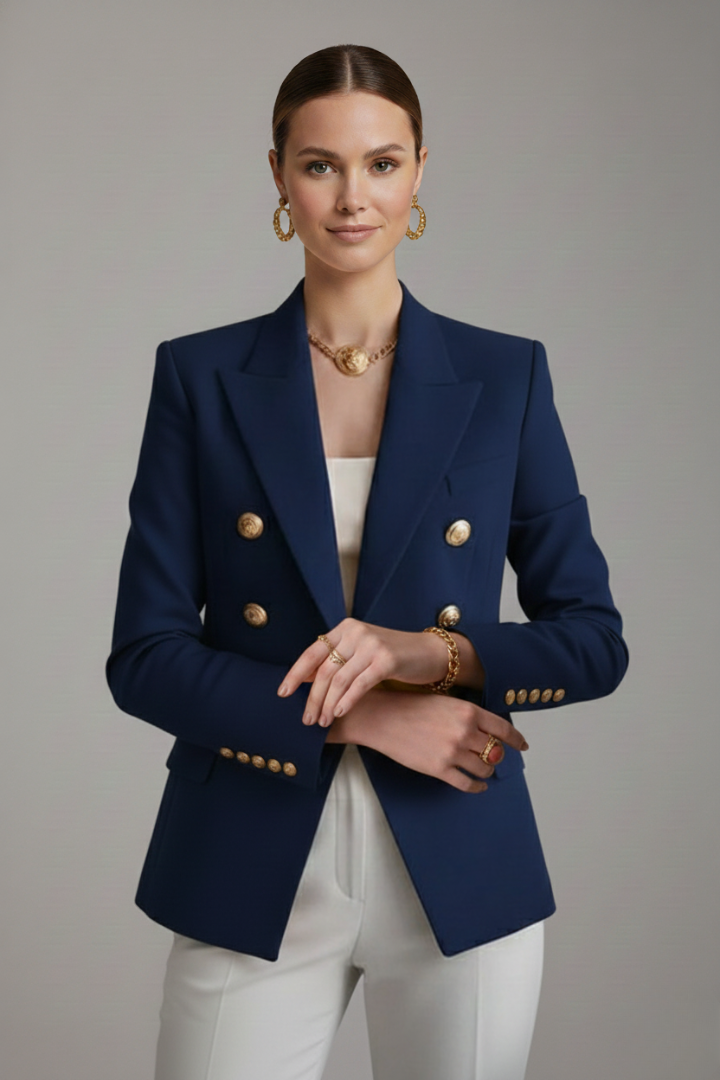 Women's Double-Breasted Blazer Tailored Fit Gold-Tone Buttons Stylish Office
