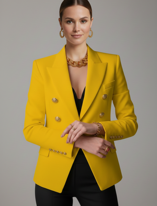 Women's Double-Breasted Blazer Tailored Fit Gold-Tone Buttons Stylish Office