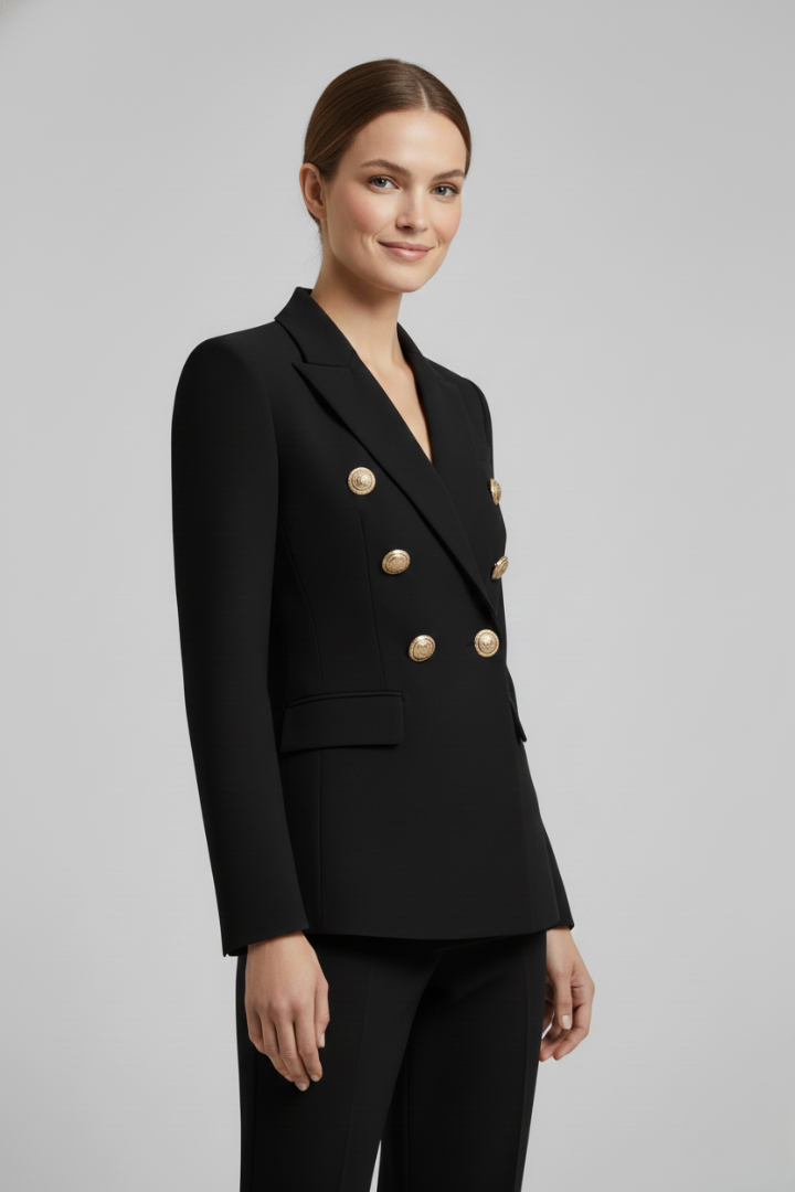 Women's Double-Breasted Blazer Tailored Fit Gold-Tone Buttons Stylish Office