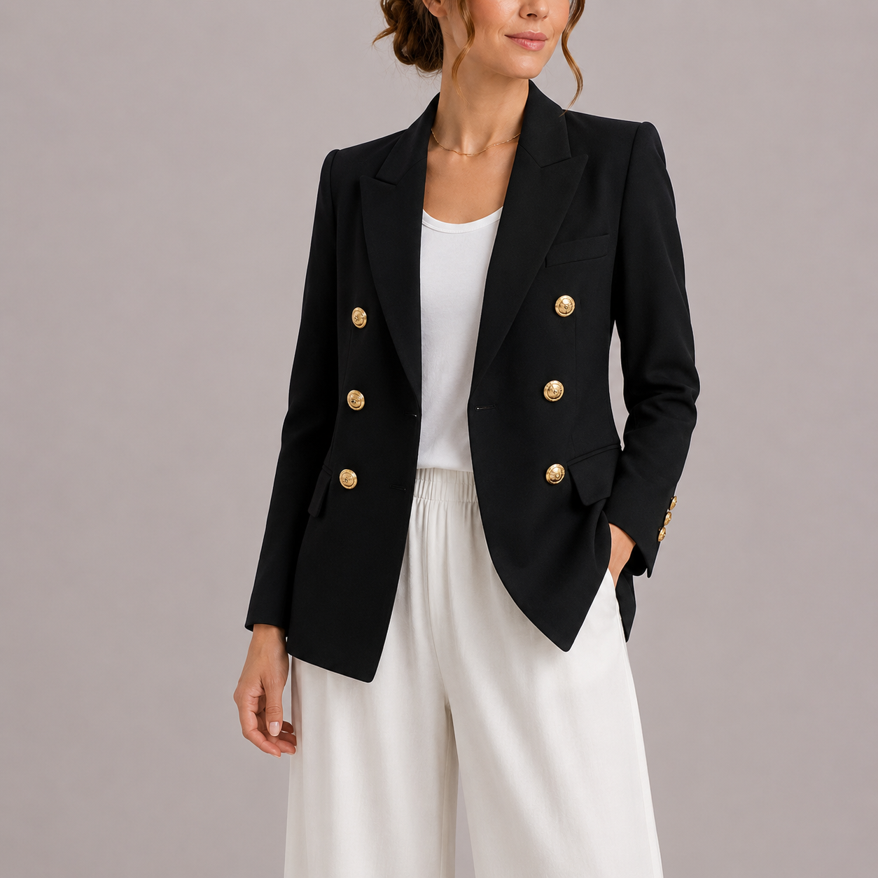 Women's Tailored Double-Breasted Blazer Gold Buttons Chic Professional Stylish