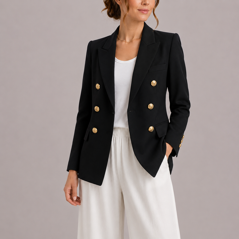 Women's Tailored Double-Breasted Blazer Gold Buttons Chic Professional Stylish