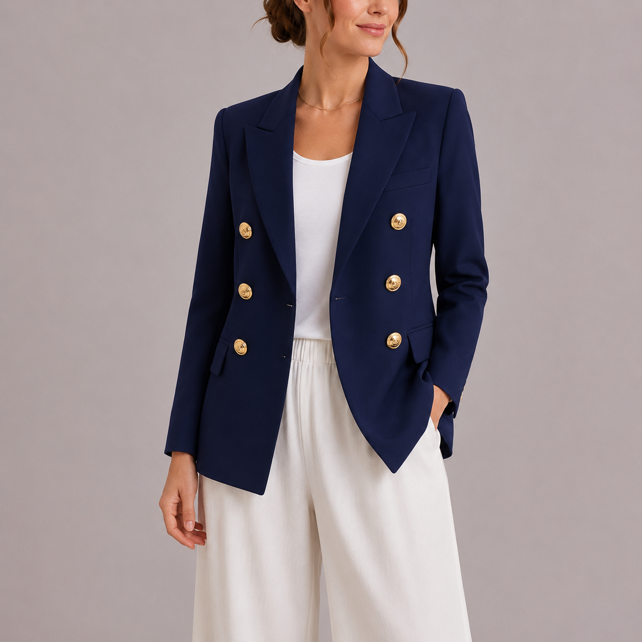 Women's Tailored Double-Breasted Blazer Gold Buttons Chic Professional Stylish
