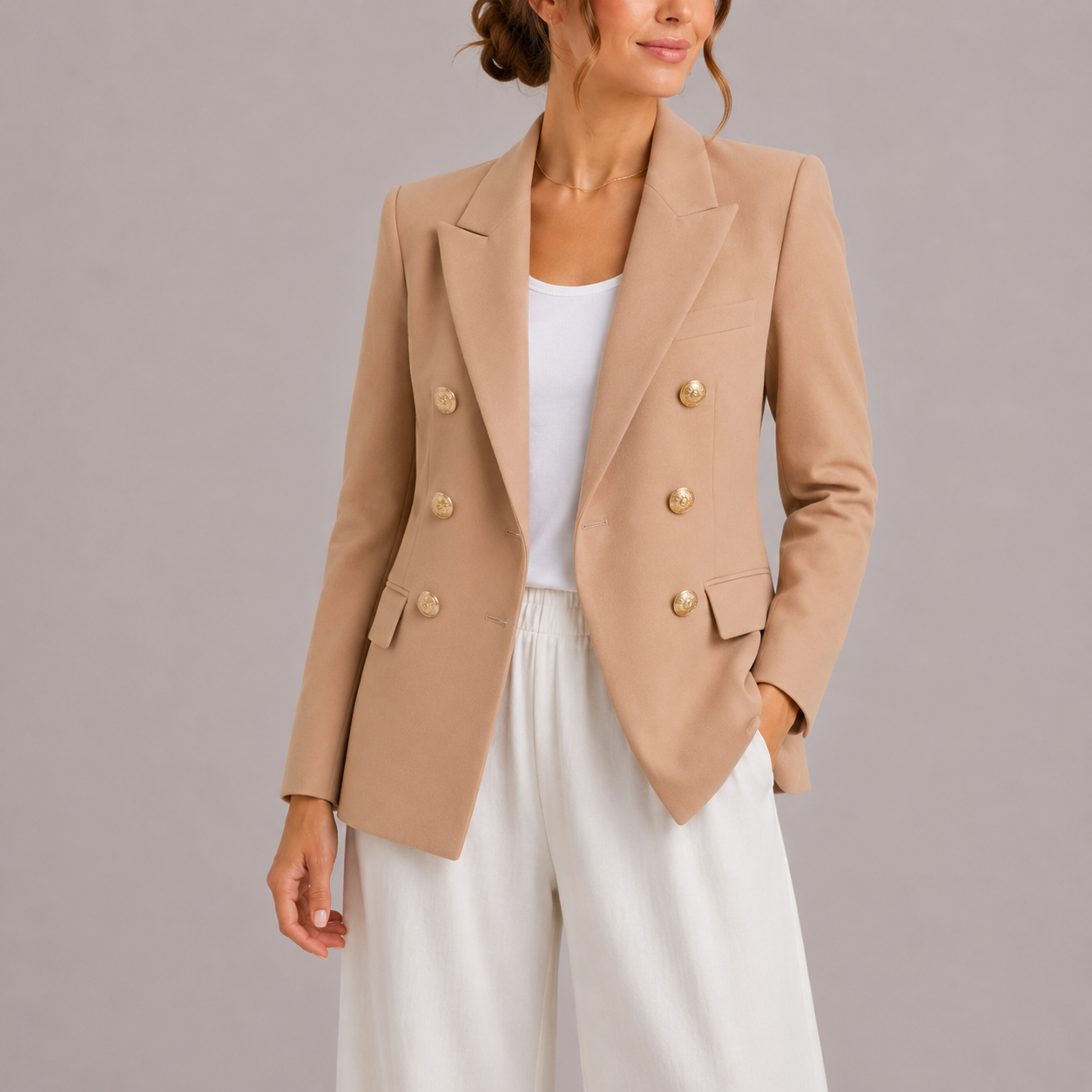 Women's Tailored Double-Breasted Blazer Gold Buttons Chic Professional Stylish