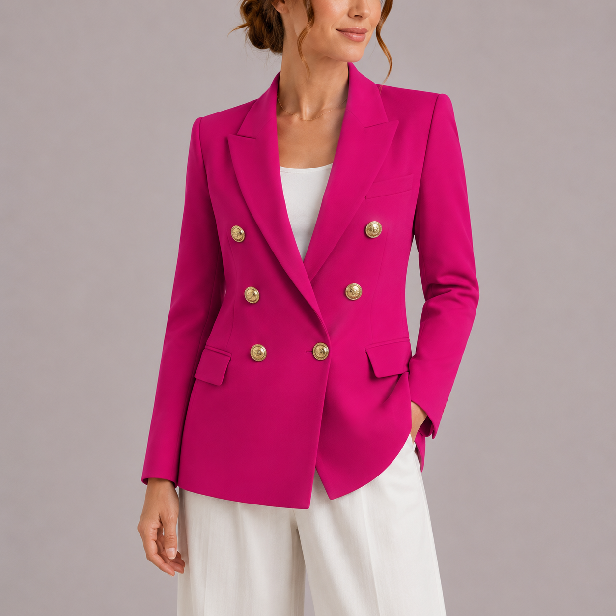 Women's Tailored Double-Breasted Blazer Gold Buttons Chic Professional Stylish
