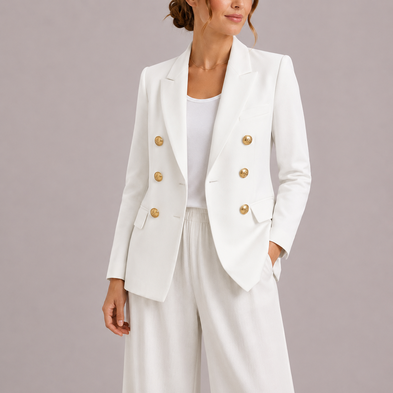 Women's Tailored Double-Breasted Blazer Gold Buttons Chic Professional Stylish