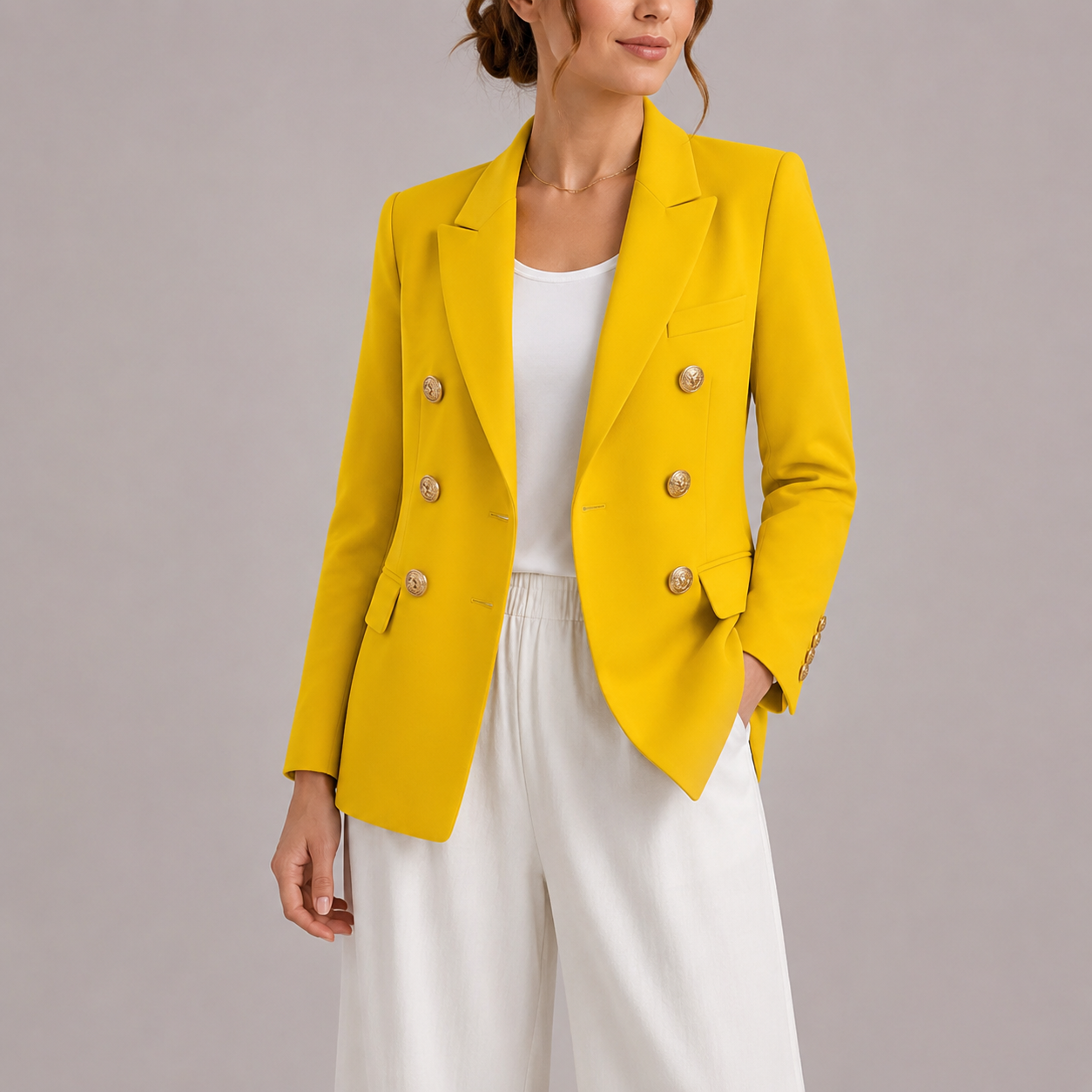 Women's Tailored Double-Breasted Blazer Gold Buttons Chic Professional Stylish