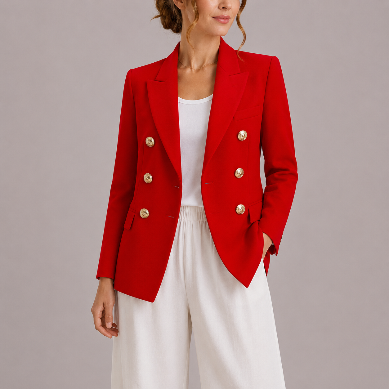 Women's Tailored Double-Breasted Blazer Gold Buttons Chic Professional Stylish
