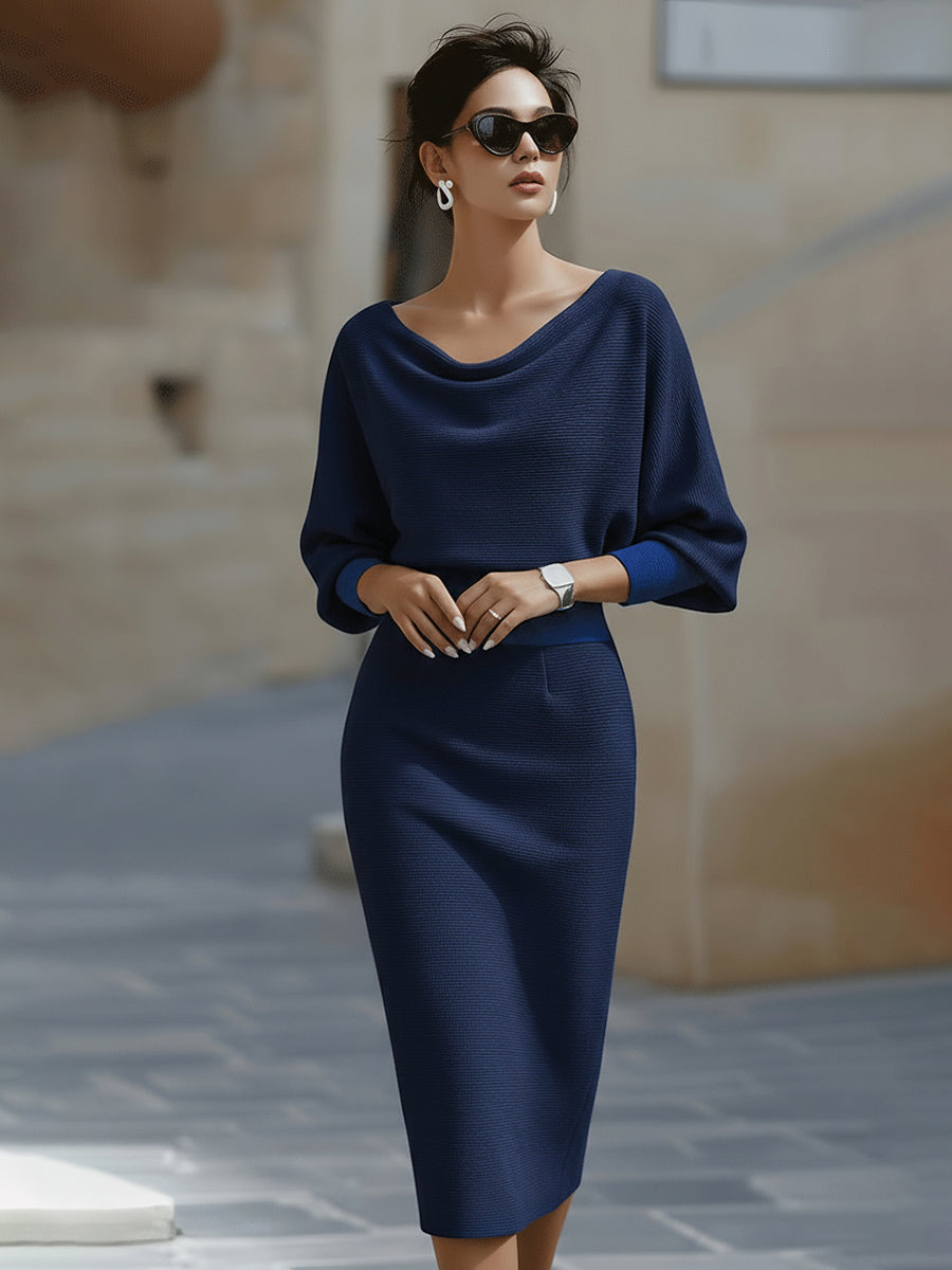 Women's Batwing Knit Midi Dress Relaxed Fit Short Sleeve Casual Everyday