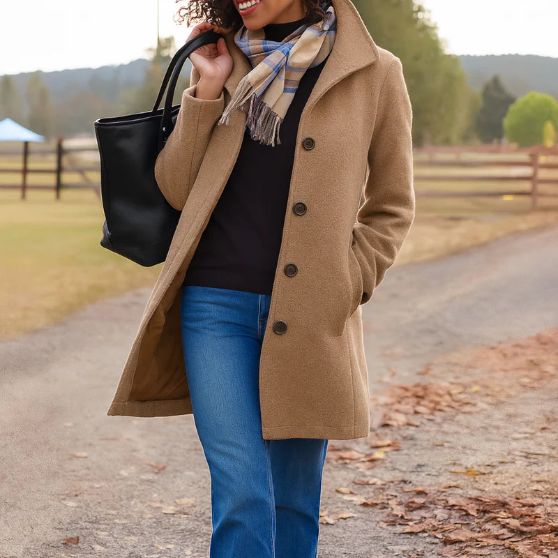 Women's Tailored Wool Blend Coat Elegant Long Sleeve Classic Winter Outerwear
