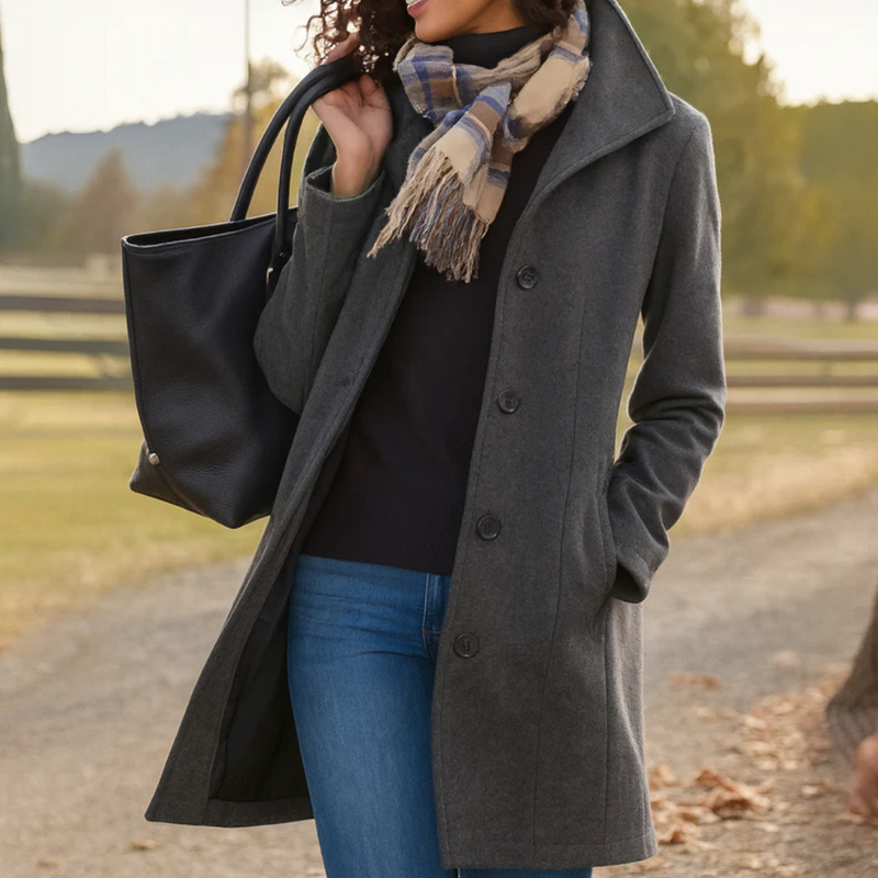 Women's Tailored Wool Blend Coat Elegant Long Sleeve Classic Winter Outerwear