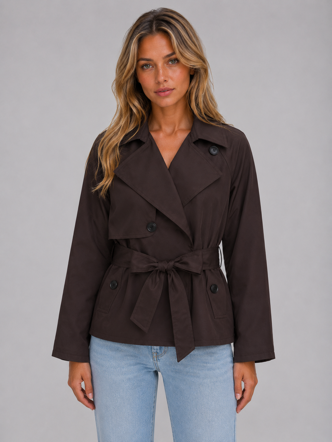Women's Cropped Trench Coat Double Breasted Tie Waist Stylish Layering