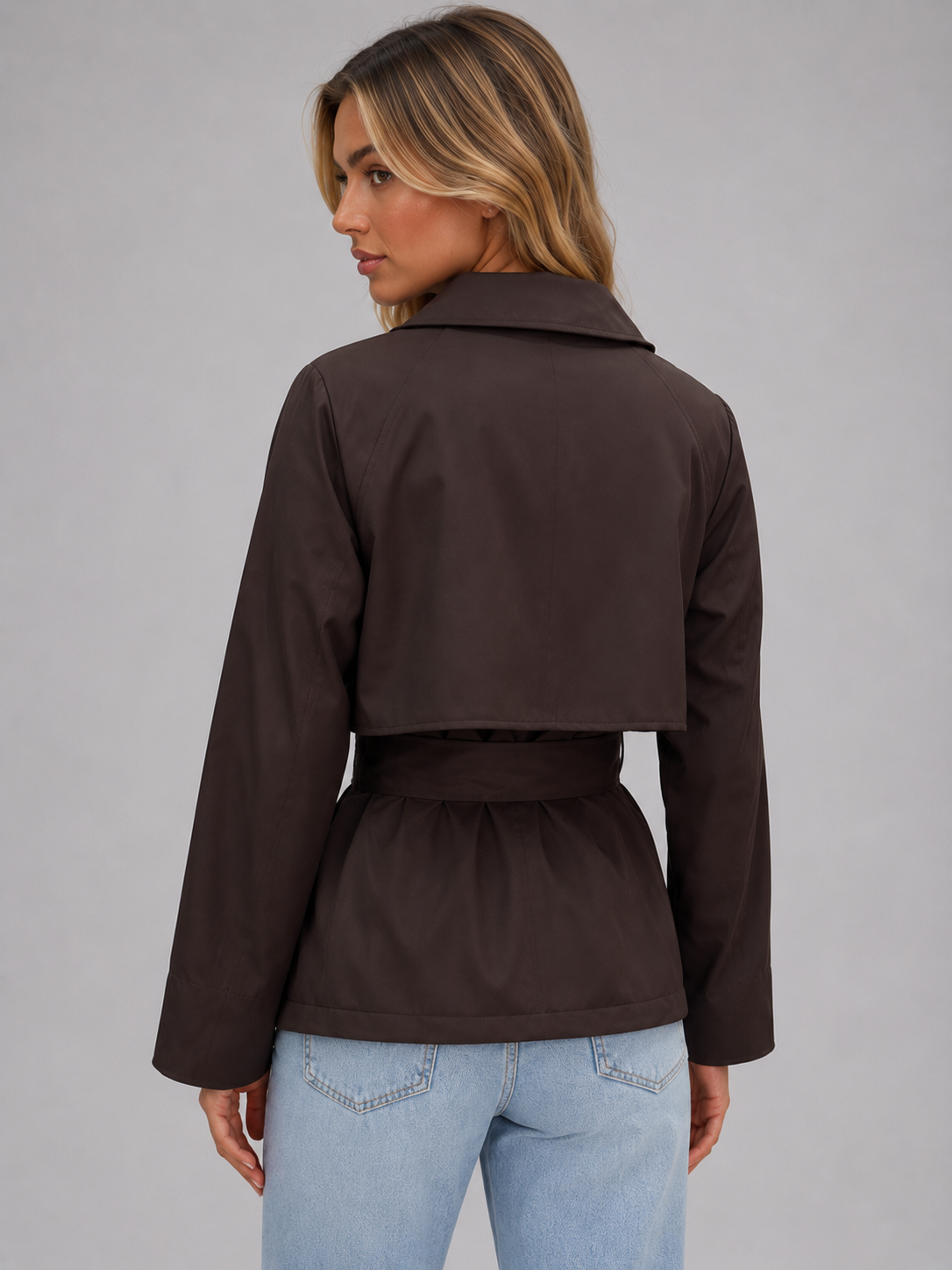 Women's Cropped Trench Coat Double Breasted Tie Waist Stylish Layering
