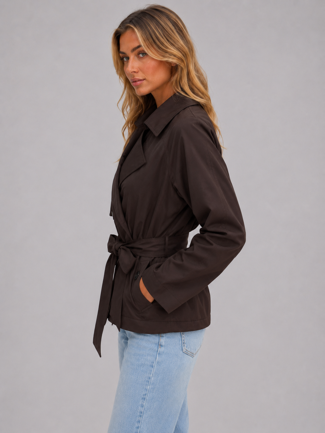 Women's Cropped Trench Coat Double Breasted Tie Waist Stylish Layering