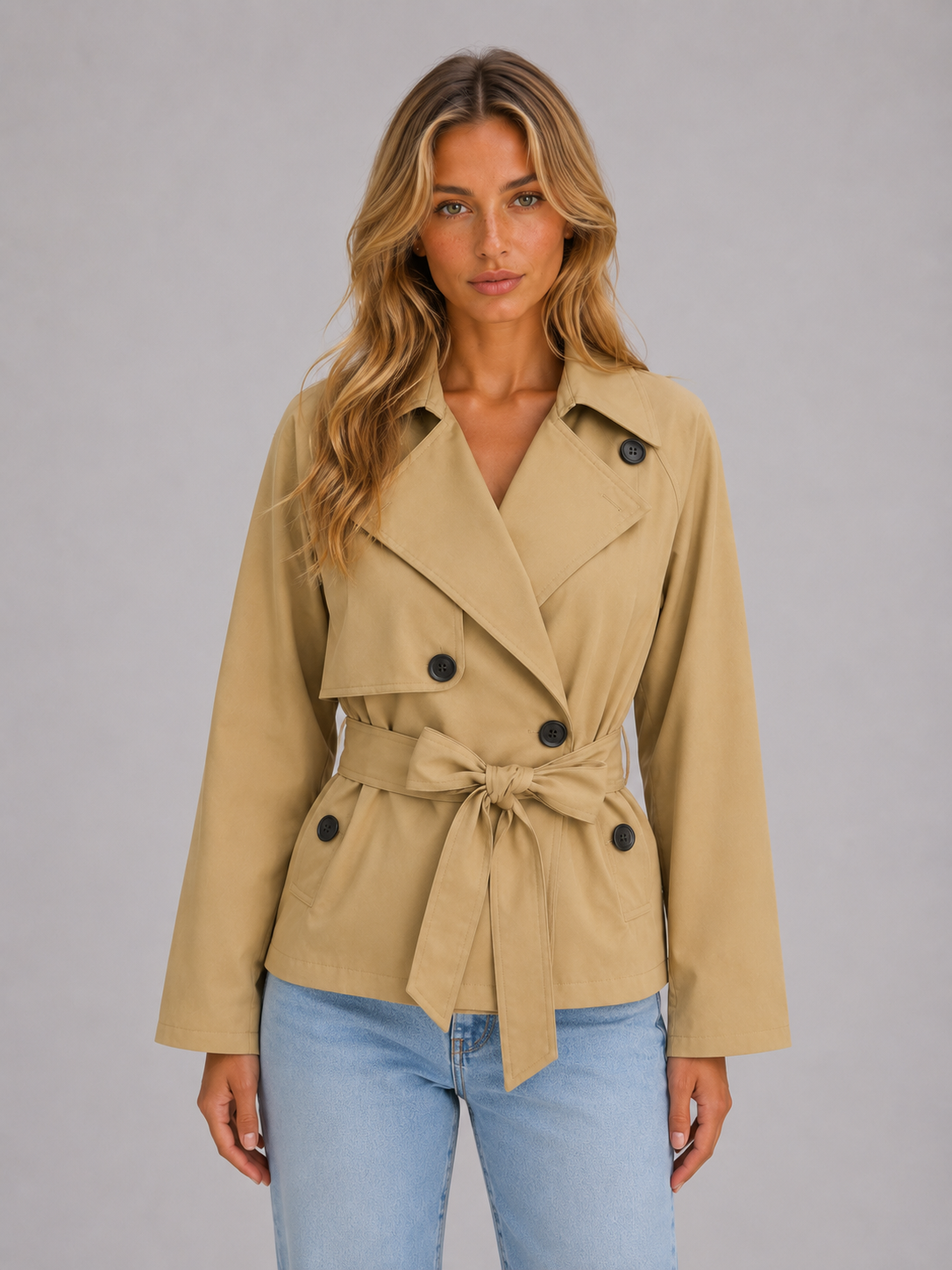 Women's Cropped Trench Coat Double Breasted Tie Waist Stylish Layering