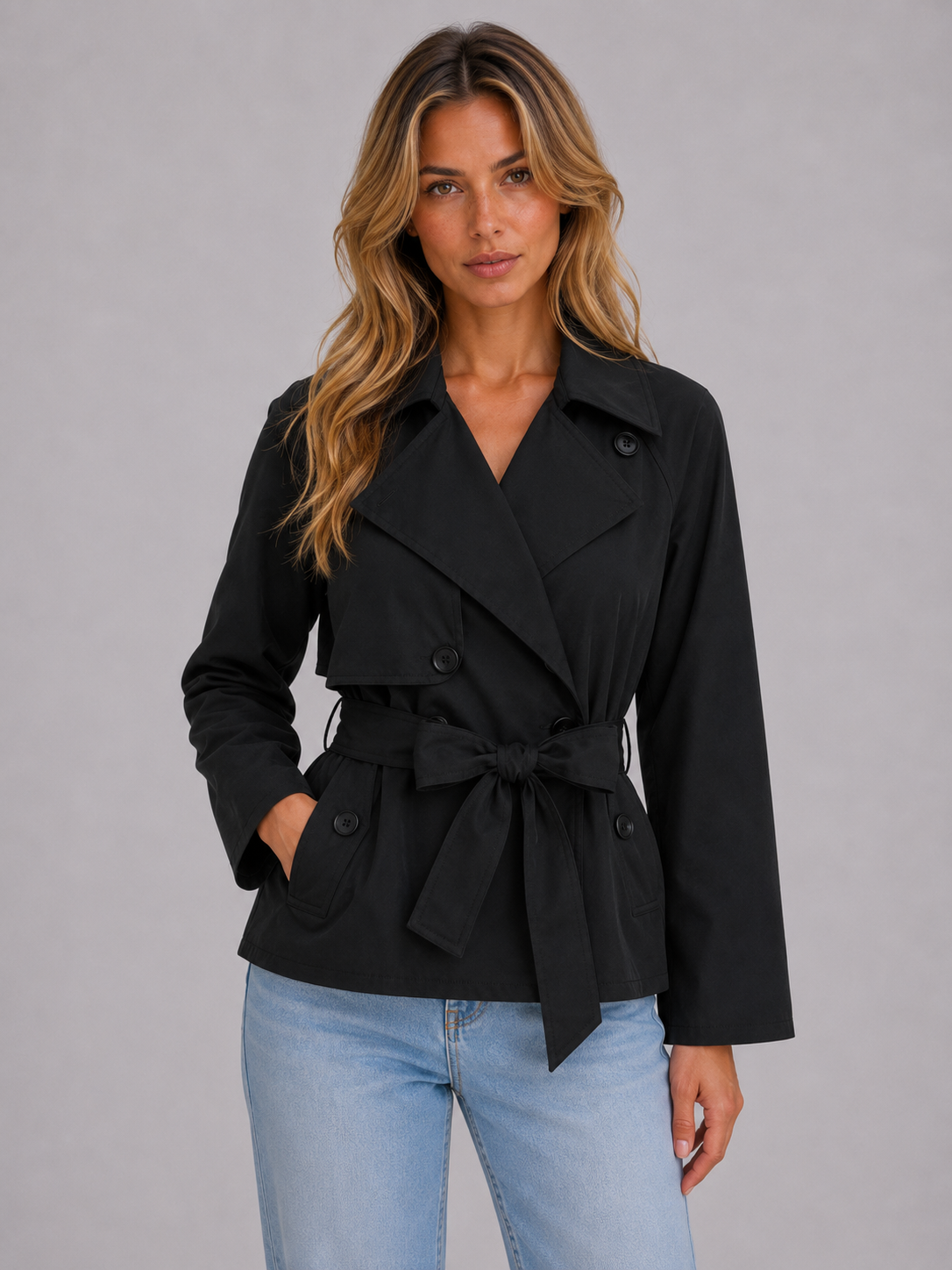 Women's Cropped Trench Coat Double Breasted Tie Waist Stylish Layering