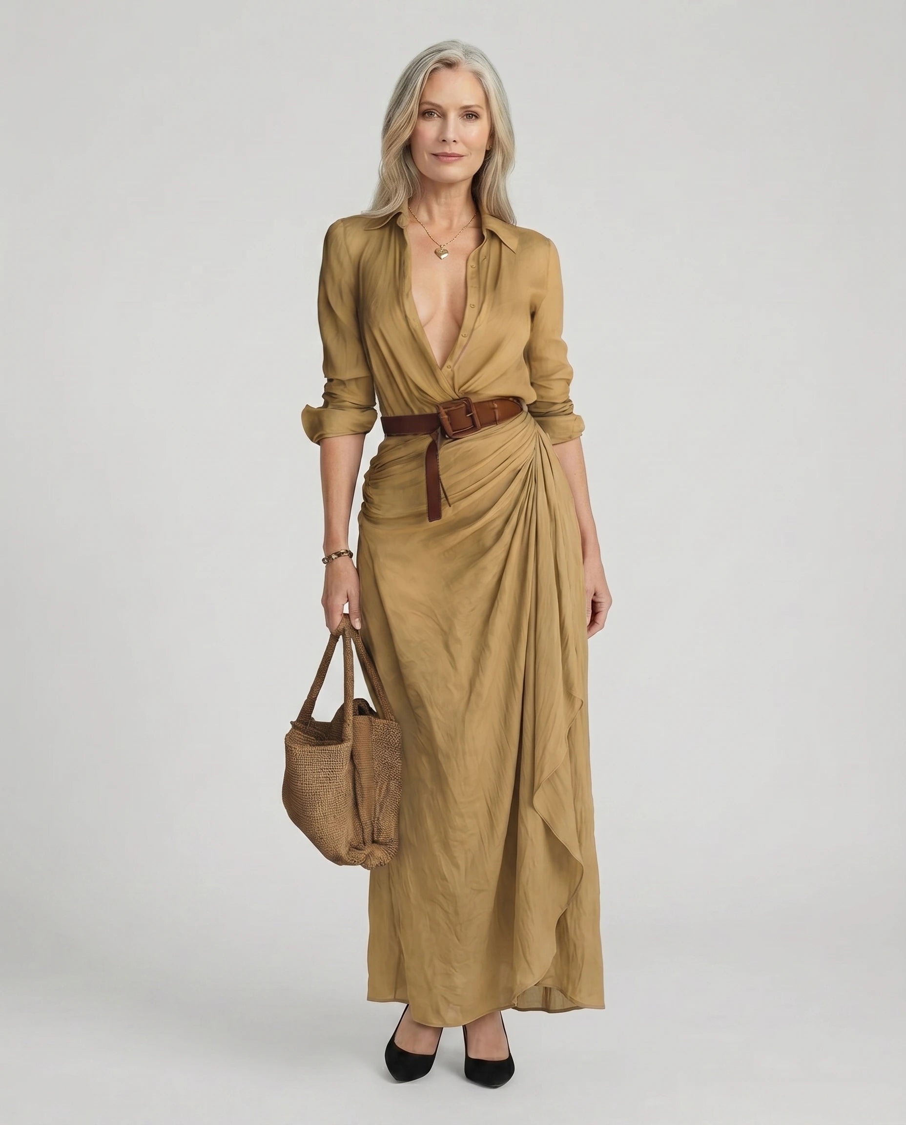 Women's Elegant Maxi Dress Long Sleeve Button-Up Casual Chic