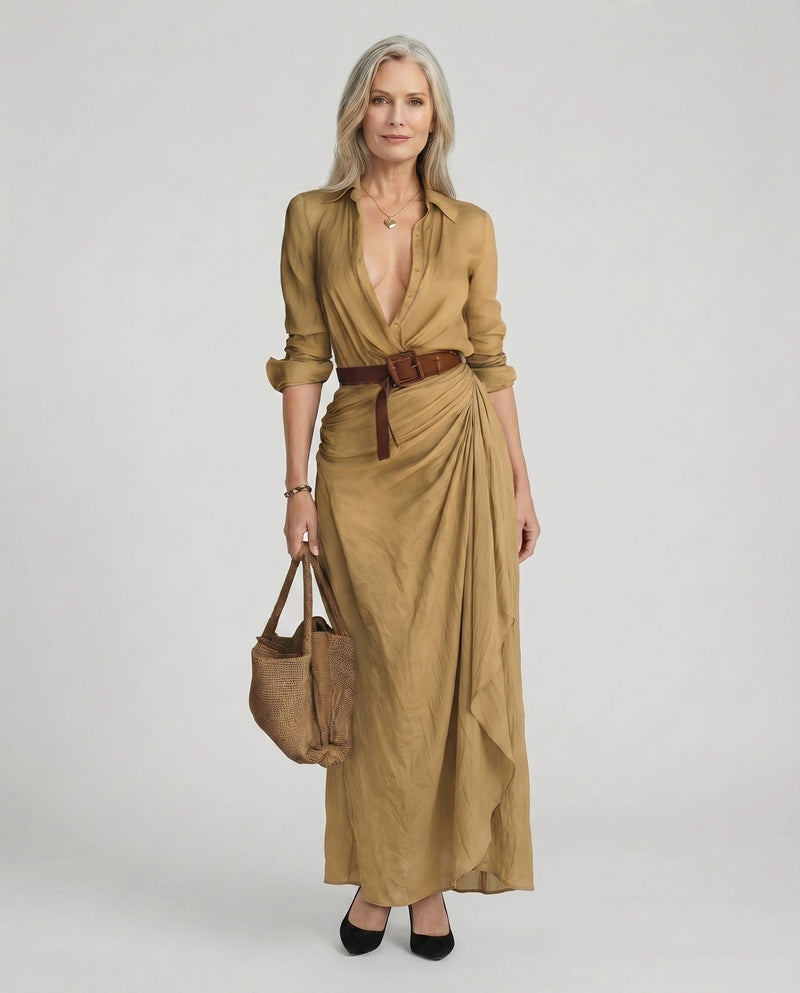 Women's Elegant Maxi Dress Long Sleeve Button-Up Casual Chic