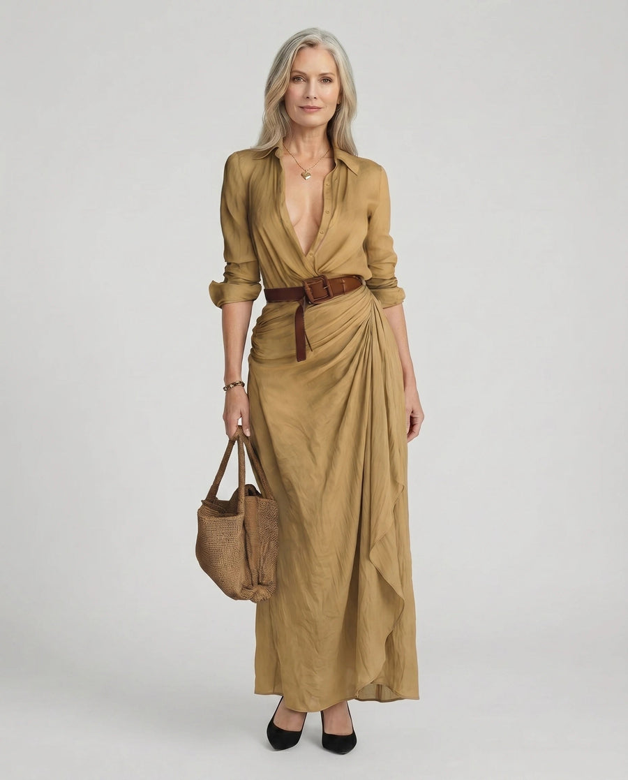 Women's Elegant Maxi Dress Long Sleeve Button-Up Casual Chic