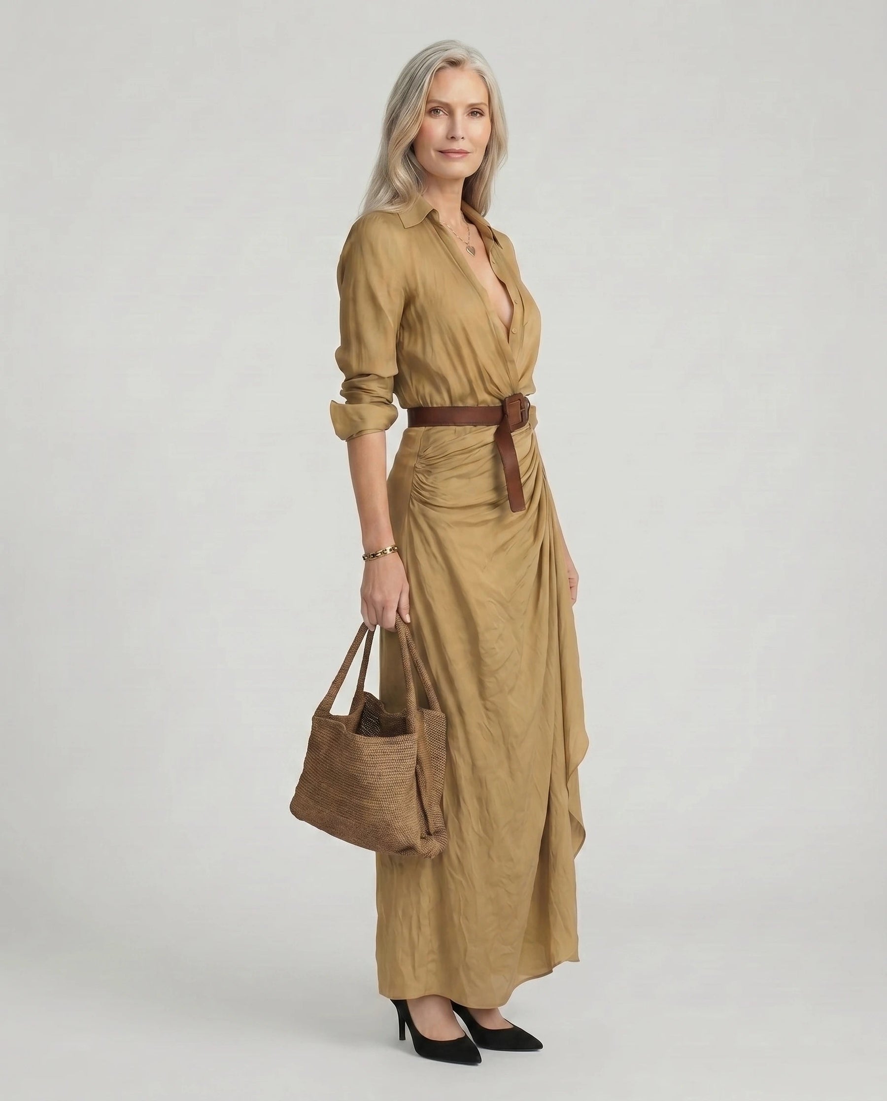 Women's Elegant Maxi Dress Long Sleeve Button-Up Casual Chic