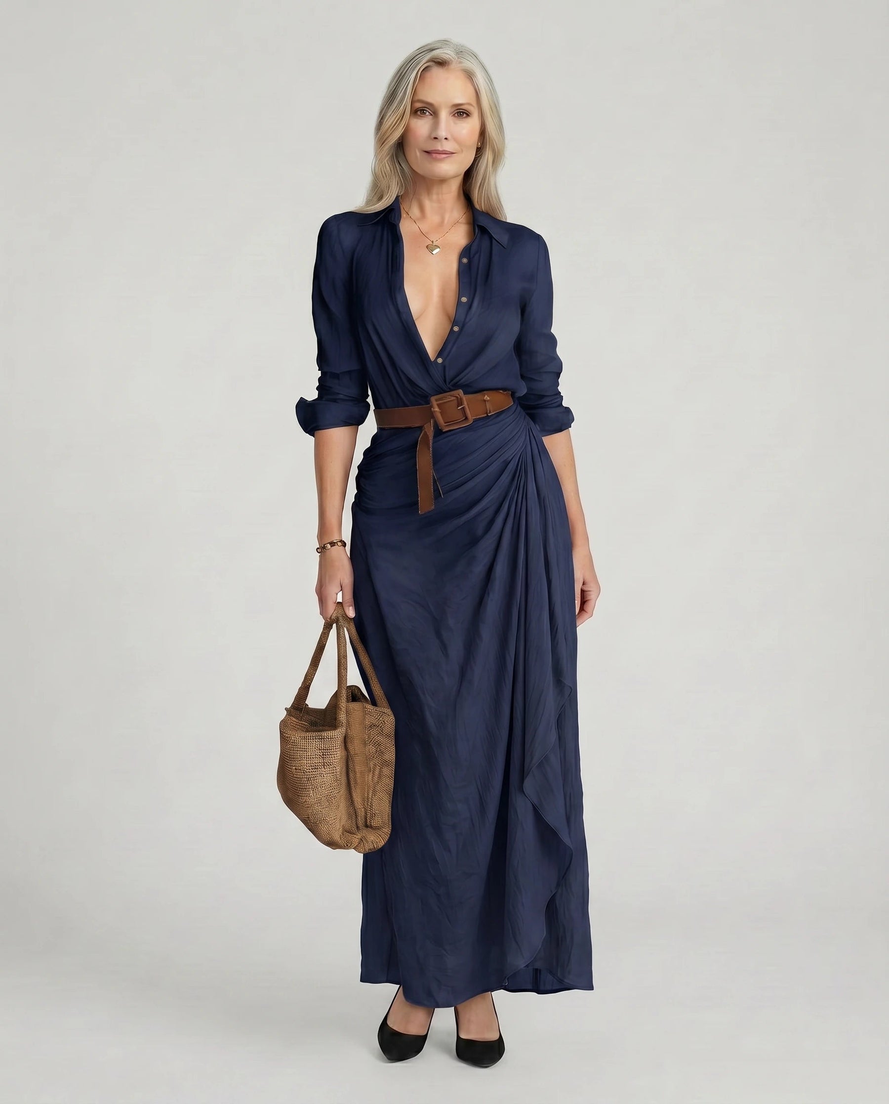 Women's Elegant Maxi Dress Long Sleeve Button-Up Casual Chic