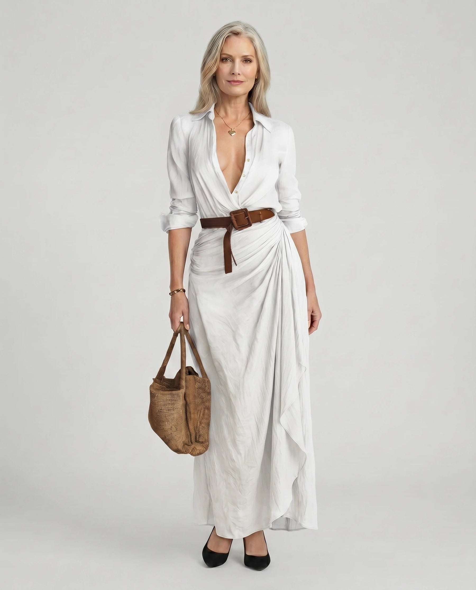 Women's Elegant Maxi Dress Long Sleeve Button-Up Casual Chic
