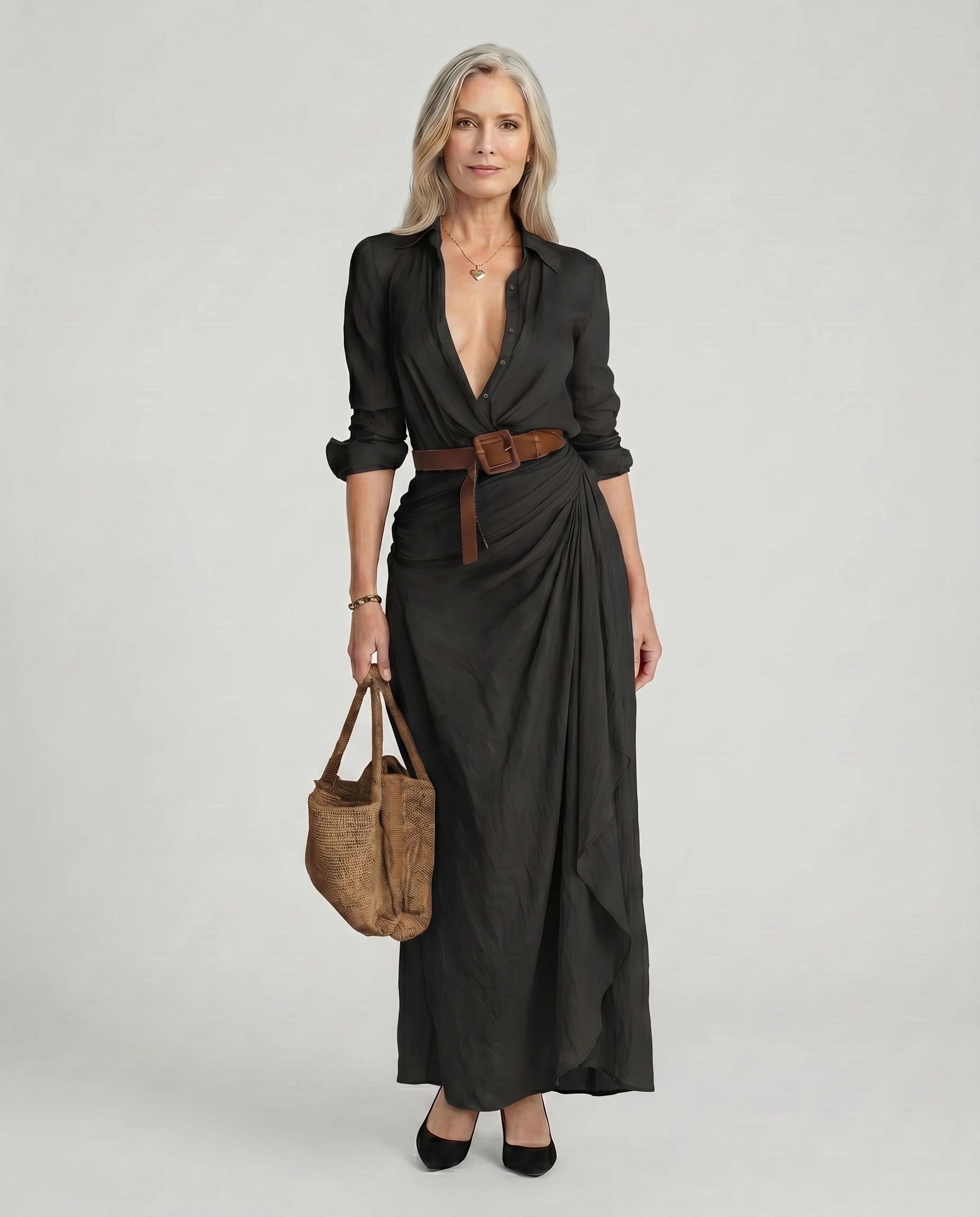 Women's Elegant Maxi Dress Long Sleeve Button-Up Casual Chic
