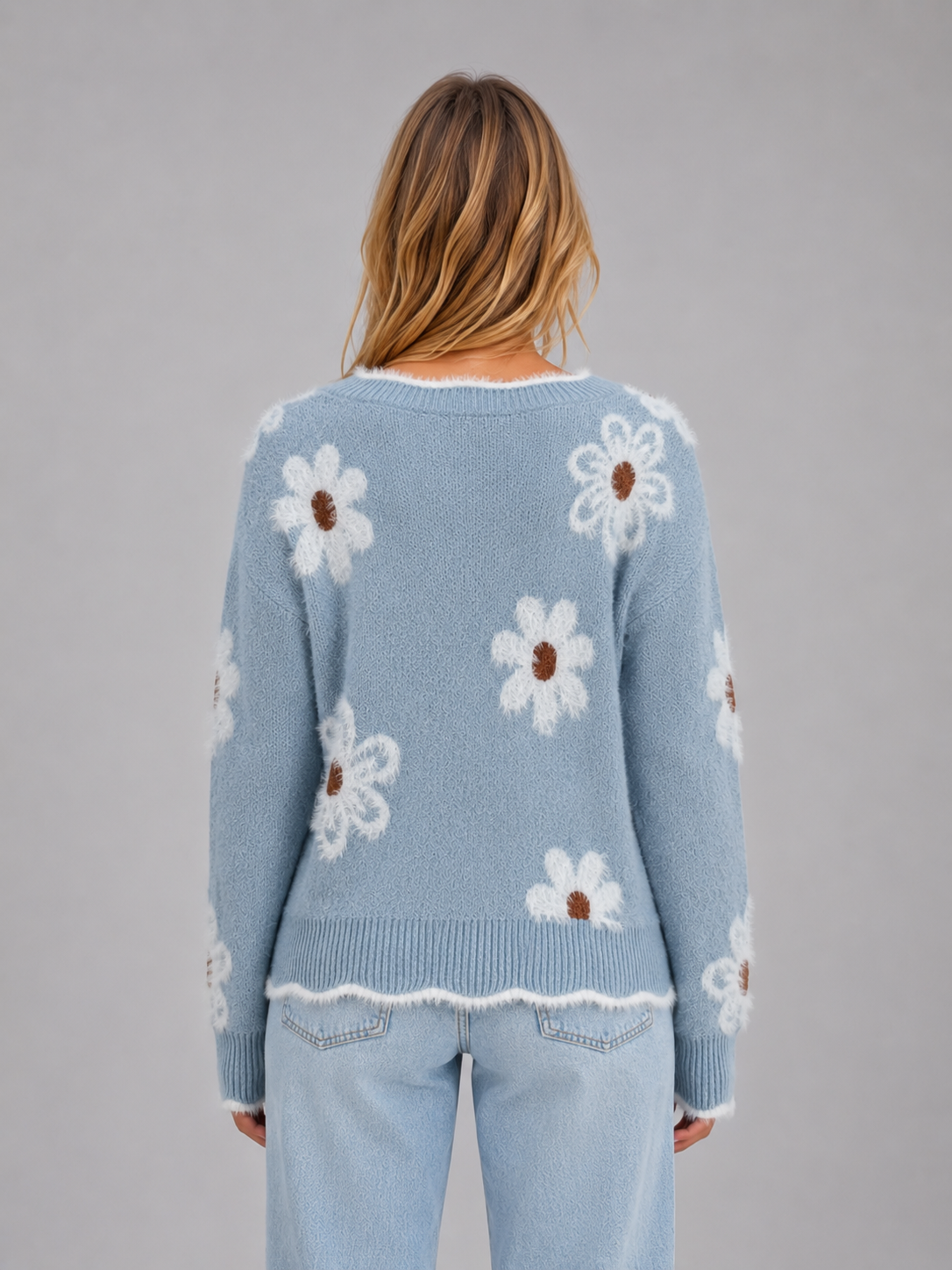 Women's Casual Floral V-Neck Sweater Soft Knit Relaxed Fit Everyday Pullover