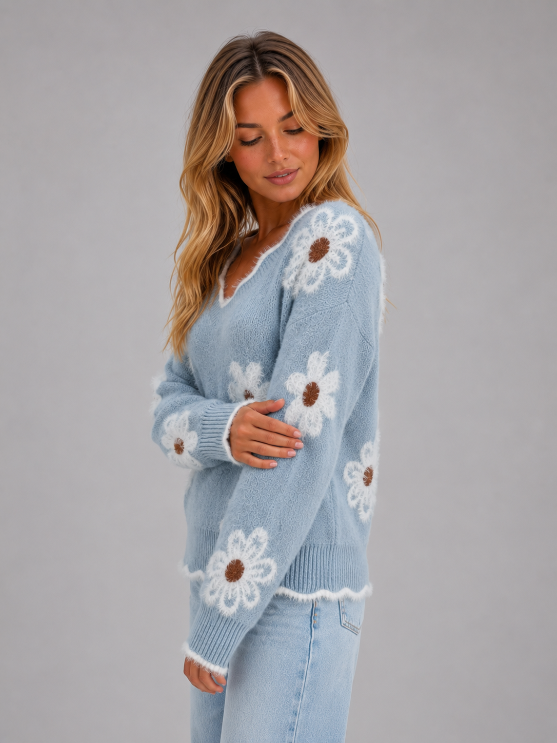 Women's Casual Floral V-Neck Sweater Soft Knit Relaxed Fit Everyday Pullover
