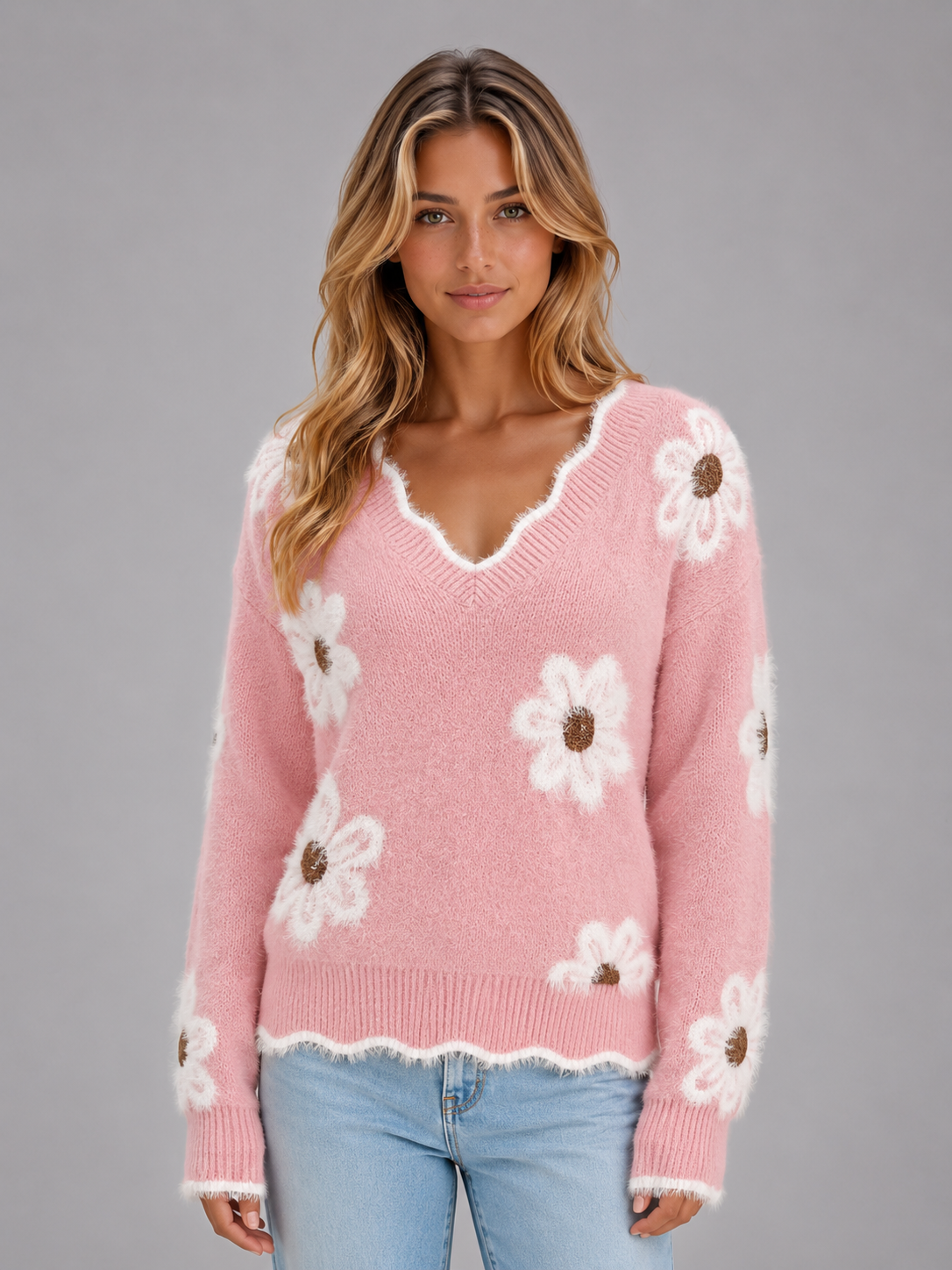 Women's Casual Floral V-Neck Sweater Soft Knit Relaxed Fit Everyday Pullover
