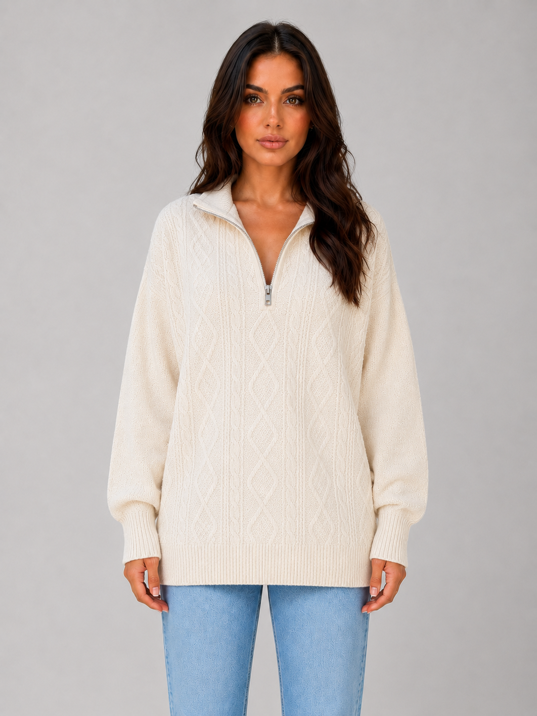 Women's Chunky Cable Knit Sweater Half Zip Cozy Layering Winter Pullover