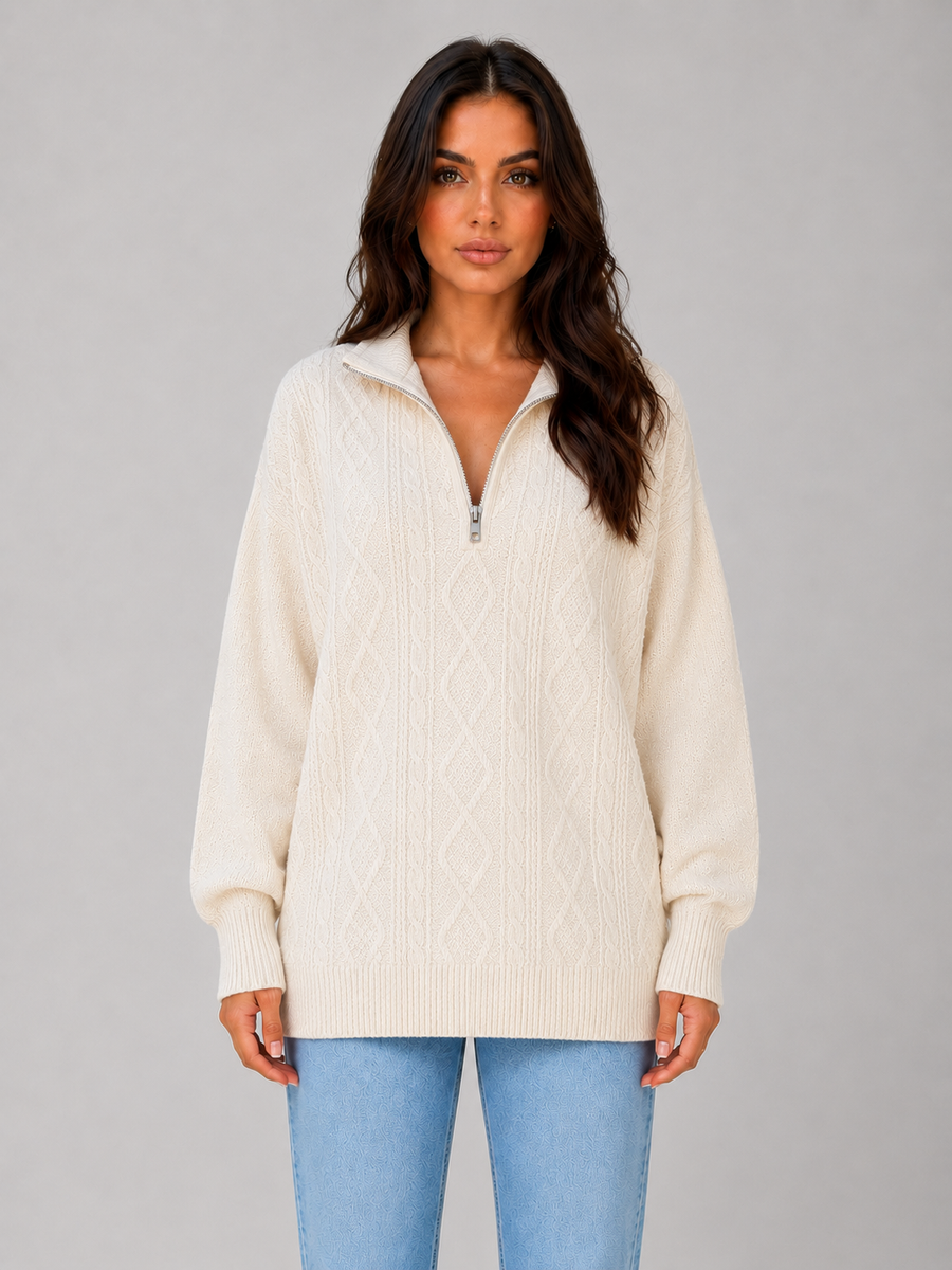 Women's Chunky Cable Knit Sweater Half Zip Cozy Layering Winter Pullover