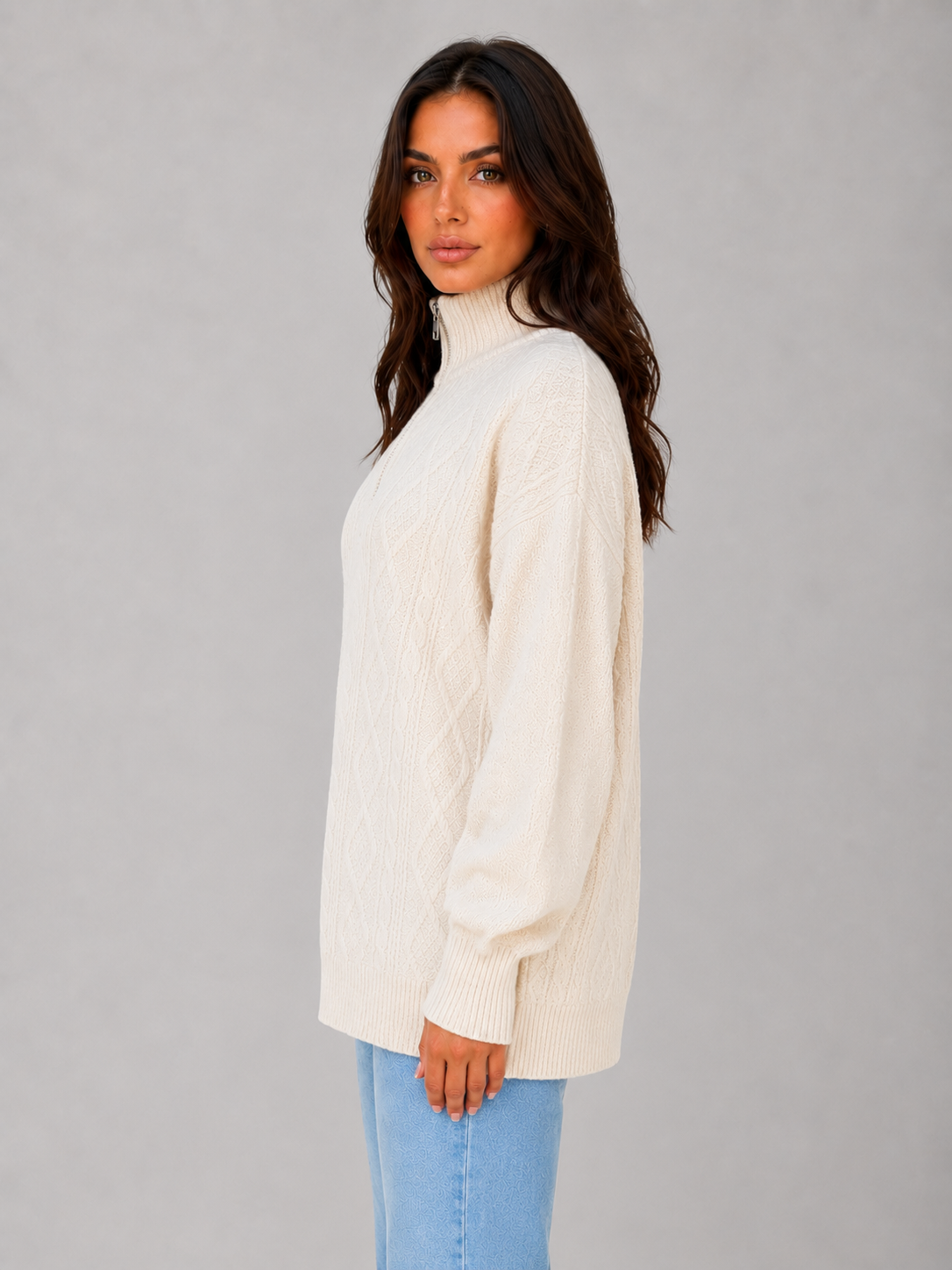 Women's Chunky Cable Knit Sweater Half Zip Cozy Layering Winter Pullover
