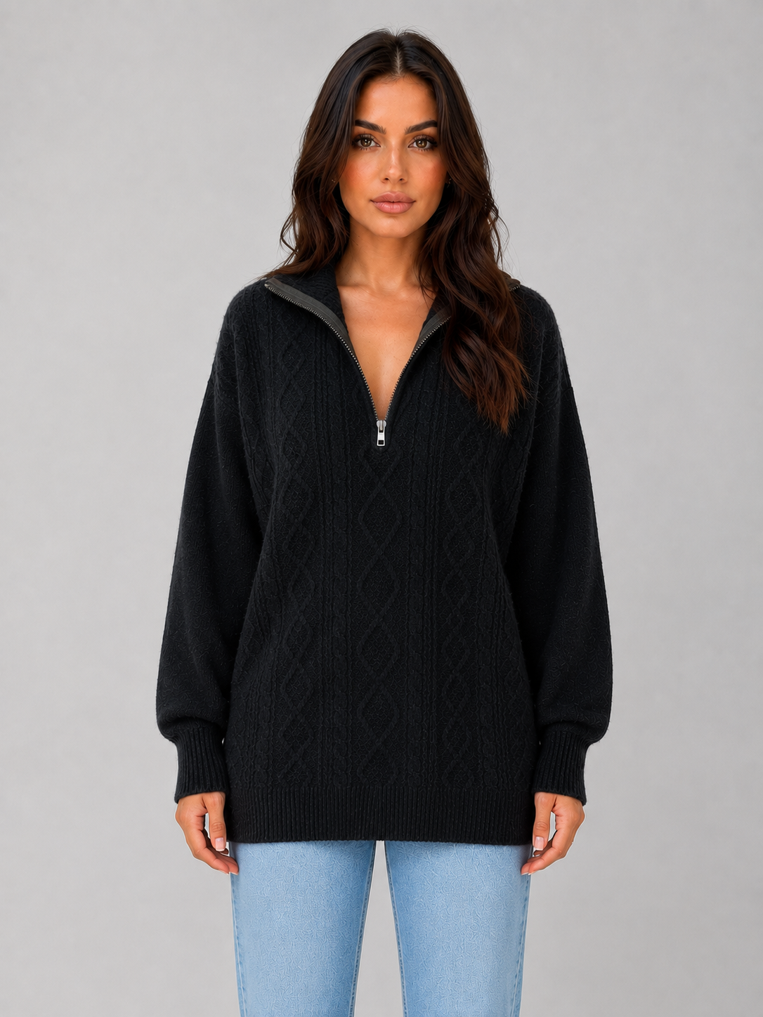 Women's Chunky Cable Knit Sweater Half Zip Cozy Layering Winter Pullover