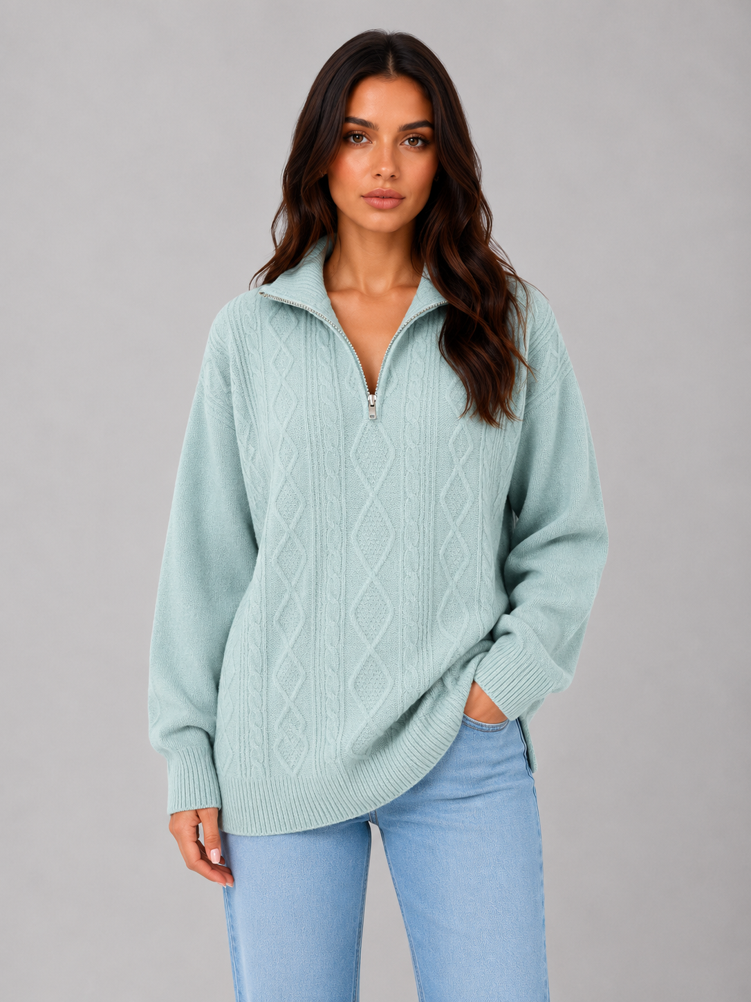 Women's Chunky Cable Knit Sweater Half Zip Cozy Layering Winter Pullover