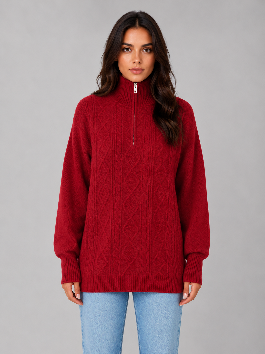 Women's Chunky Cable Knit Sweater Half Zip Cozy Layering Winter Pullover