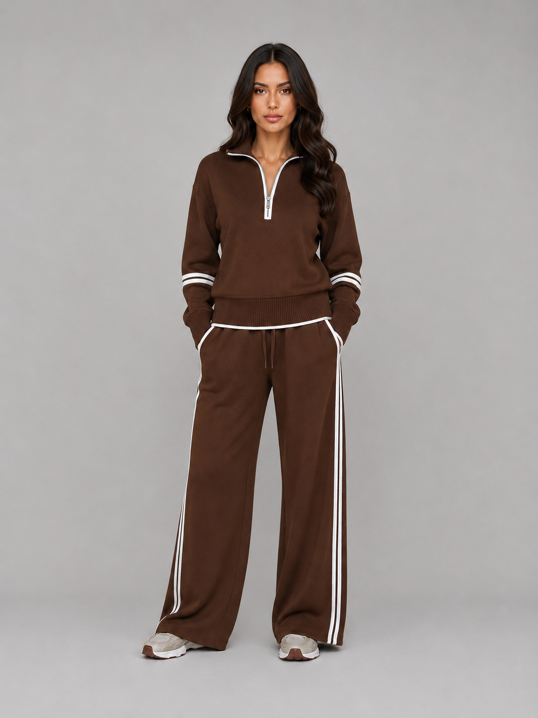 Women's Relaxed Two-Piece Lounge Set Half Zip Wide Leg Tracksuit