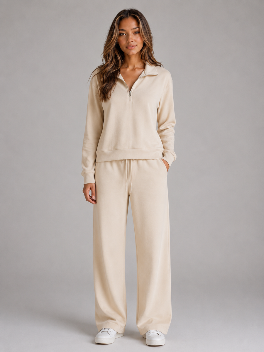 Women's Relaxed Half Zip Lounge Set Cozy Two-Piece Casual Wear