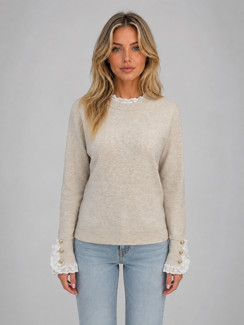 Women's Knitted Sweater Crew Neck Long Sleeve Lace Trim Stylish Casual
