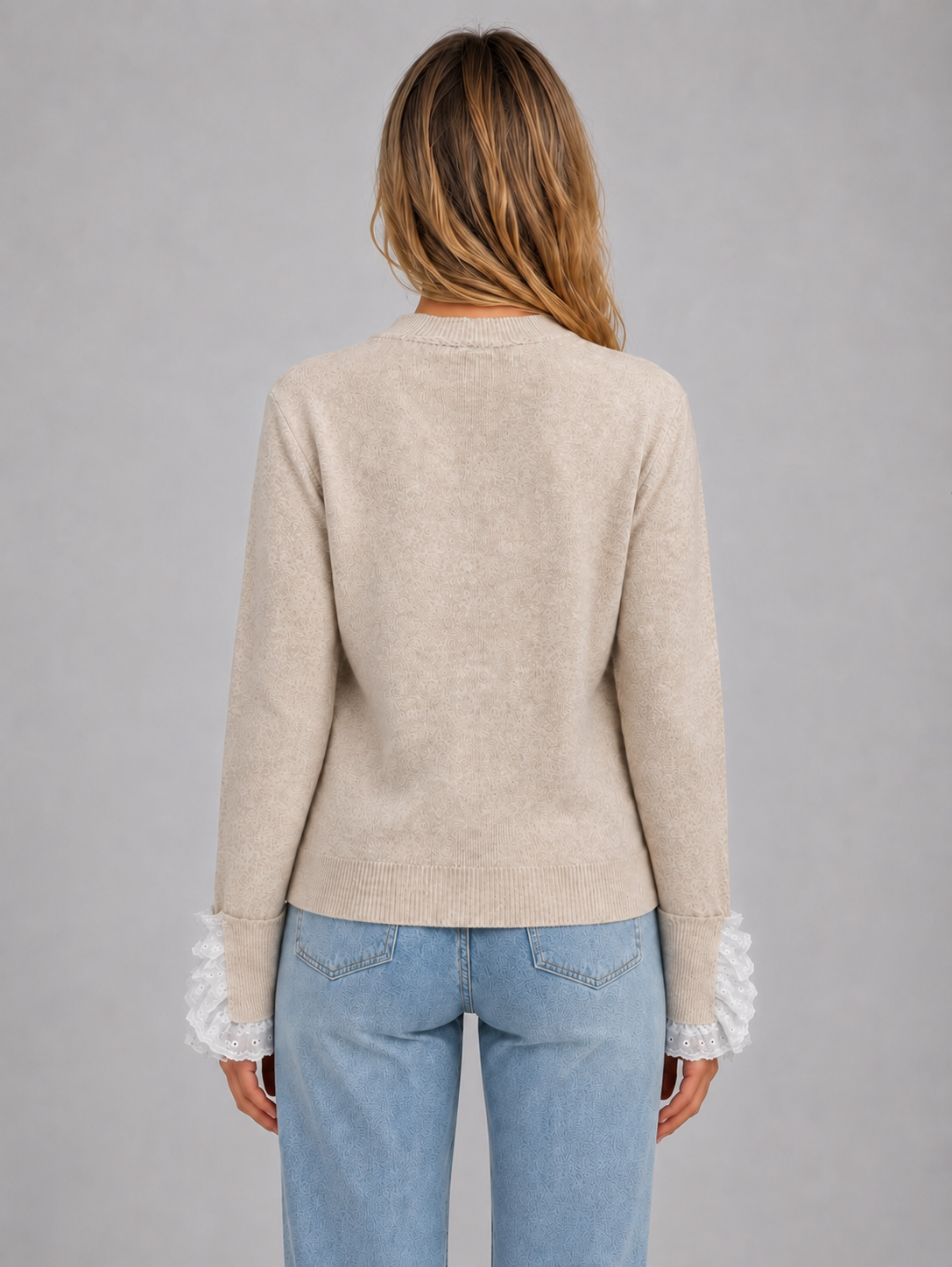 Women's Knitted Sweater Crew Neck Long Sleeve Lace Trim Stylish Casual