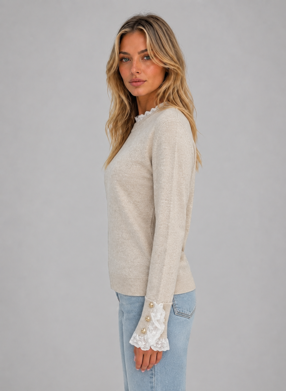 Women's Knitted Sweater Crew Neck Long Sleeve Lace Trim Stylish Casual