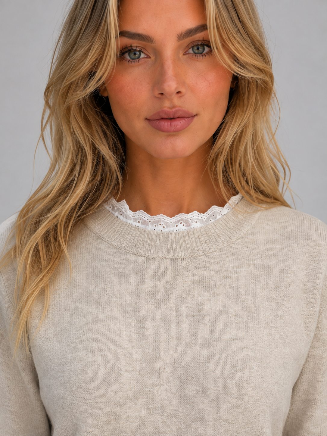 Women's Knitted Sweater Crew Neck Long Sleeve Lace Trim Stylish Casual
