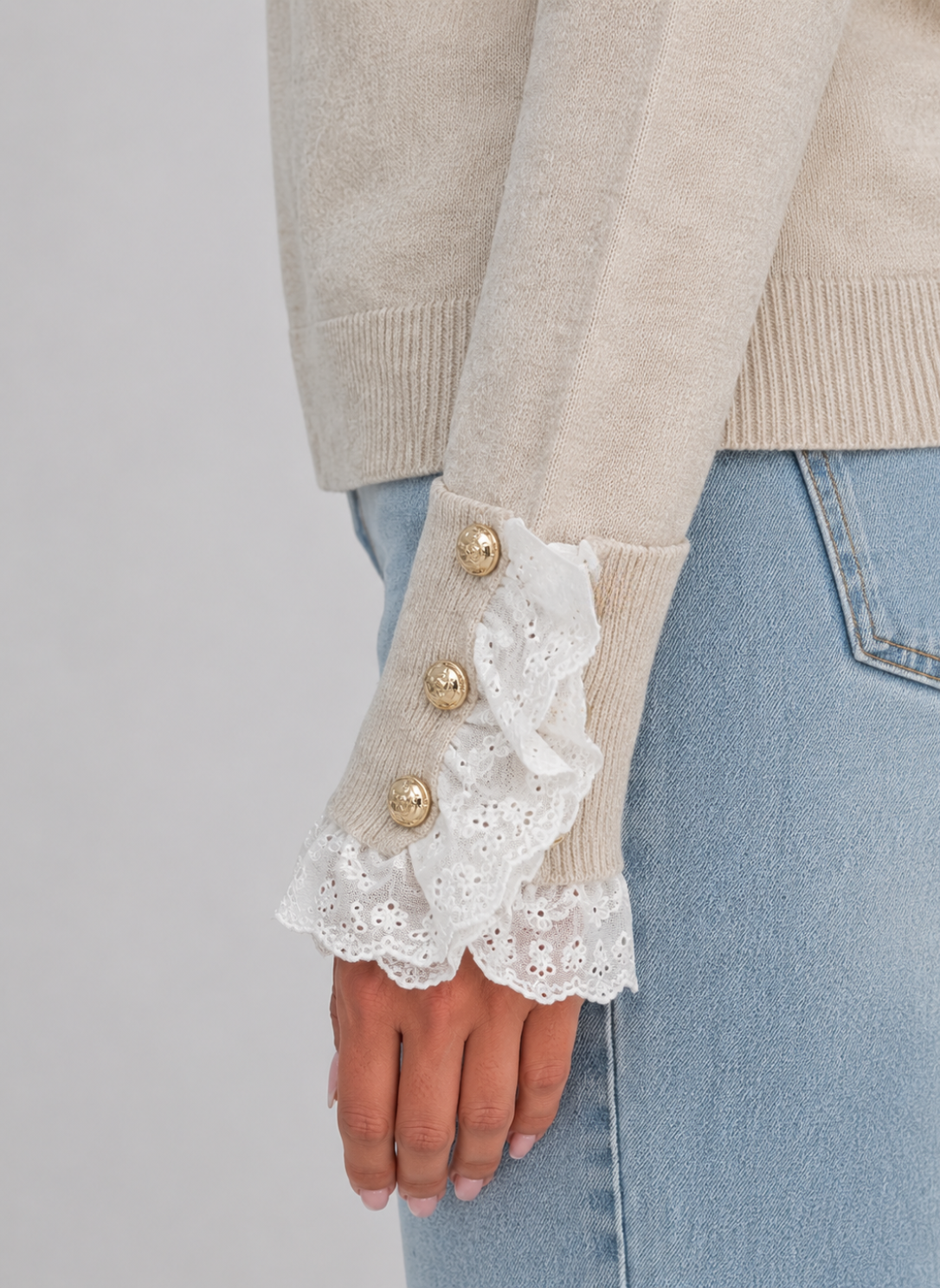 Women's Knitted Sweater Crew Neck Long Sleeve Lace Trim Stylish Casual