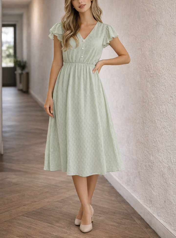 Women’s Elegant Ruffled Midi Dress | V-Neck