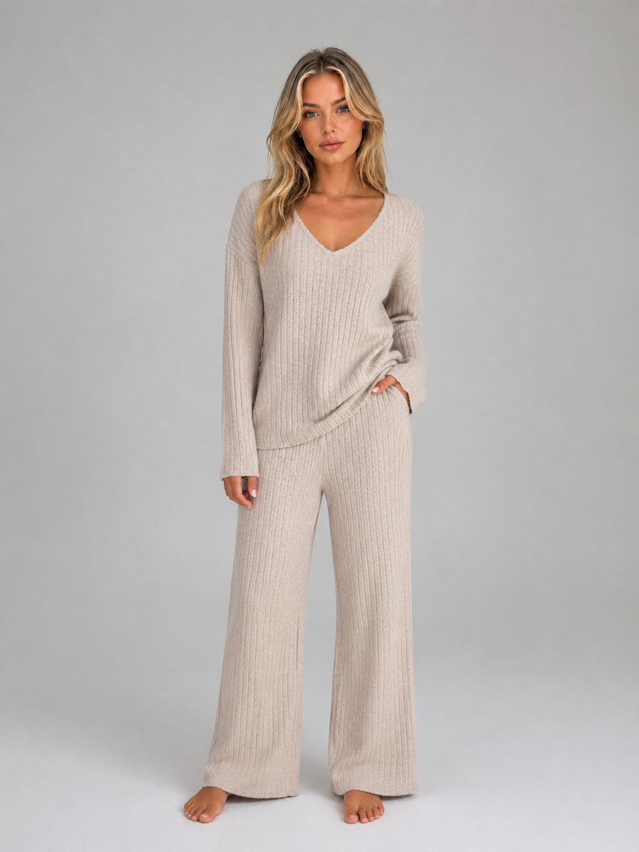 Women's Relaxed Fit Ribbed Knit Lounge Set Soft V-Neck Jumper Wide Leg Trousers