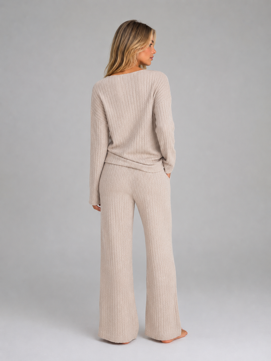Women's Relaxed Fit Ribbed Knit Lounge Set Soft V-Neck Jumper Wide Leg Trousers