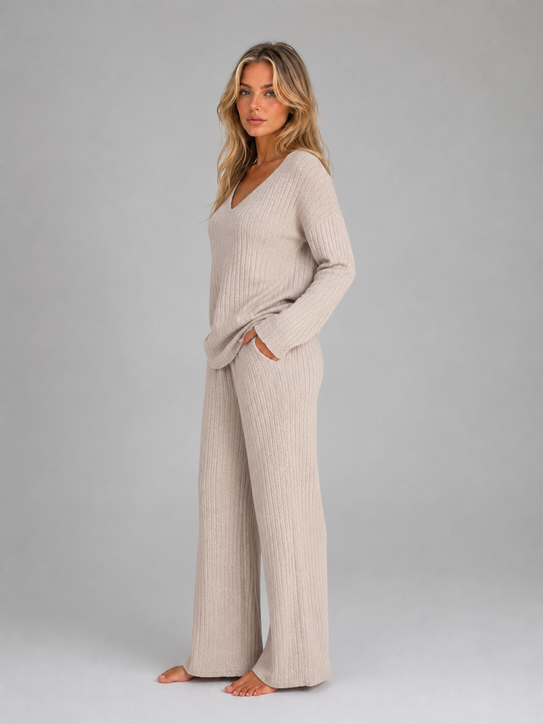 Women's Relaxed Fit Ribbed Knit Lounge Set Soft V-Neck Jumper Wide Leg Trousers