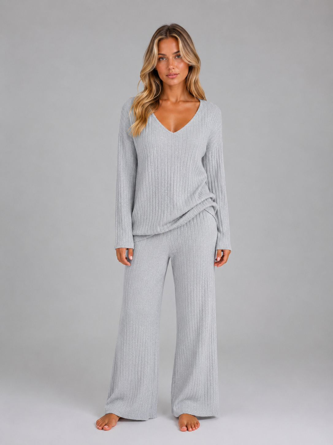 Women's Relaxed Fit Ribbed Knit Lounge Set Soft V-Neck Jumper Wide Leg Trousers