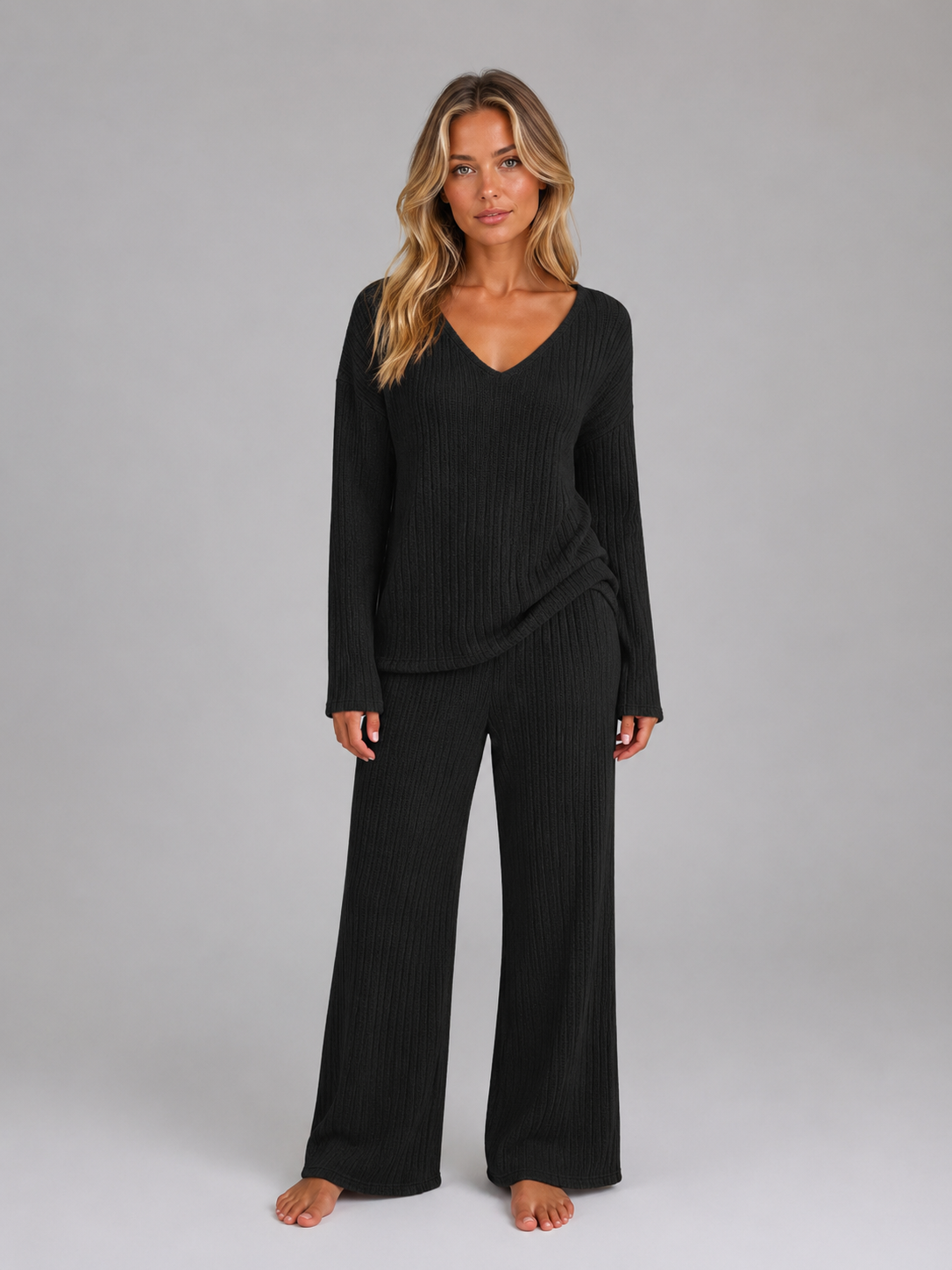 Women's Relaxed Fit Ribbed Knit Lounge Set Soft V-Neck Jumper Wide Leg Trousers